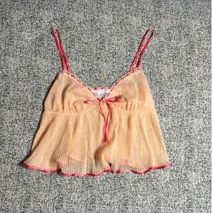 Victoria's Secret Sheer y2k Pleated Babydoll Cami Top Peach Pink Lace Bow Small